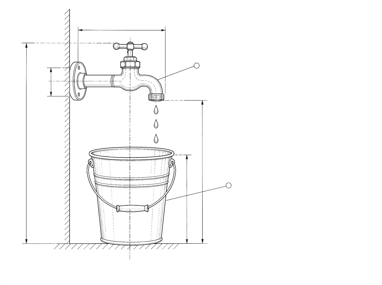 Patent-style drawing of a wall faucet dripping into a galvanised bucket, with dimension lines.