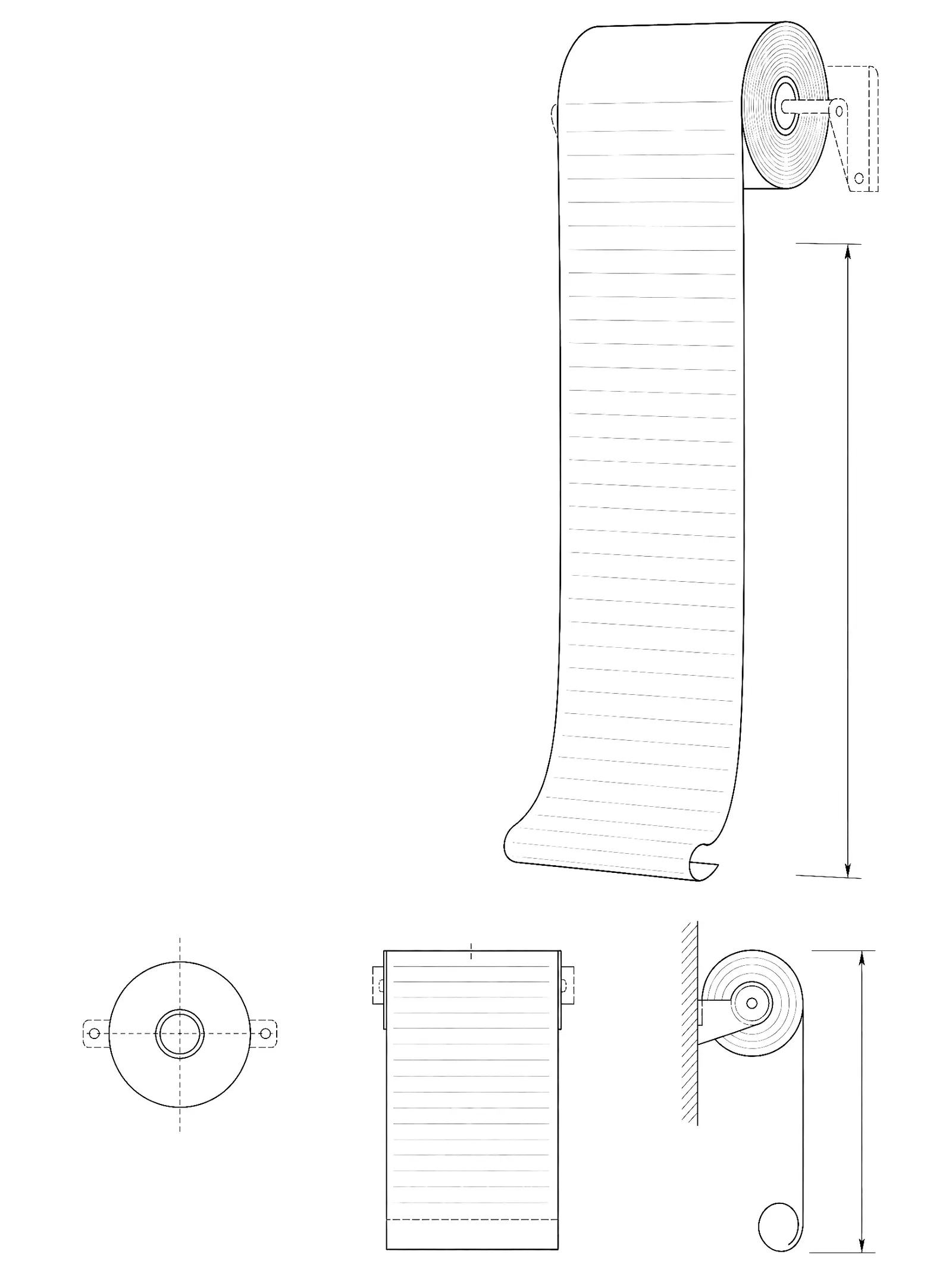 Drawing of a long paper receipt unrolling from a roll and curling at the bottom.