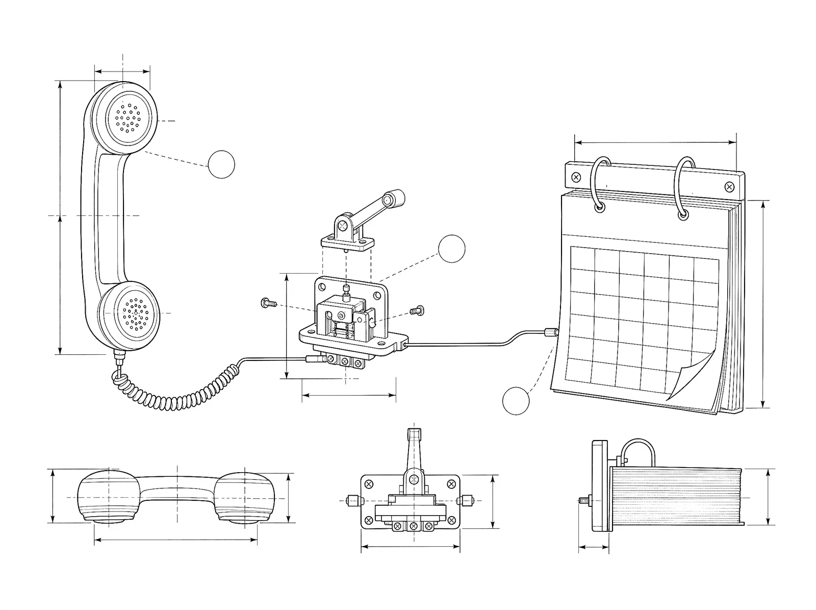 Drawing of a telephone handset, a switch, and a wall calendar connected as one mechanism.